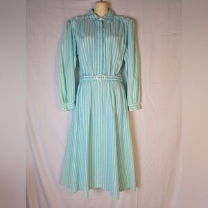 Vintage Elegant Striped Blue and White Shirt Dress with Belt